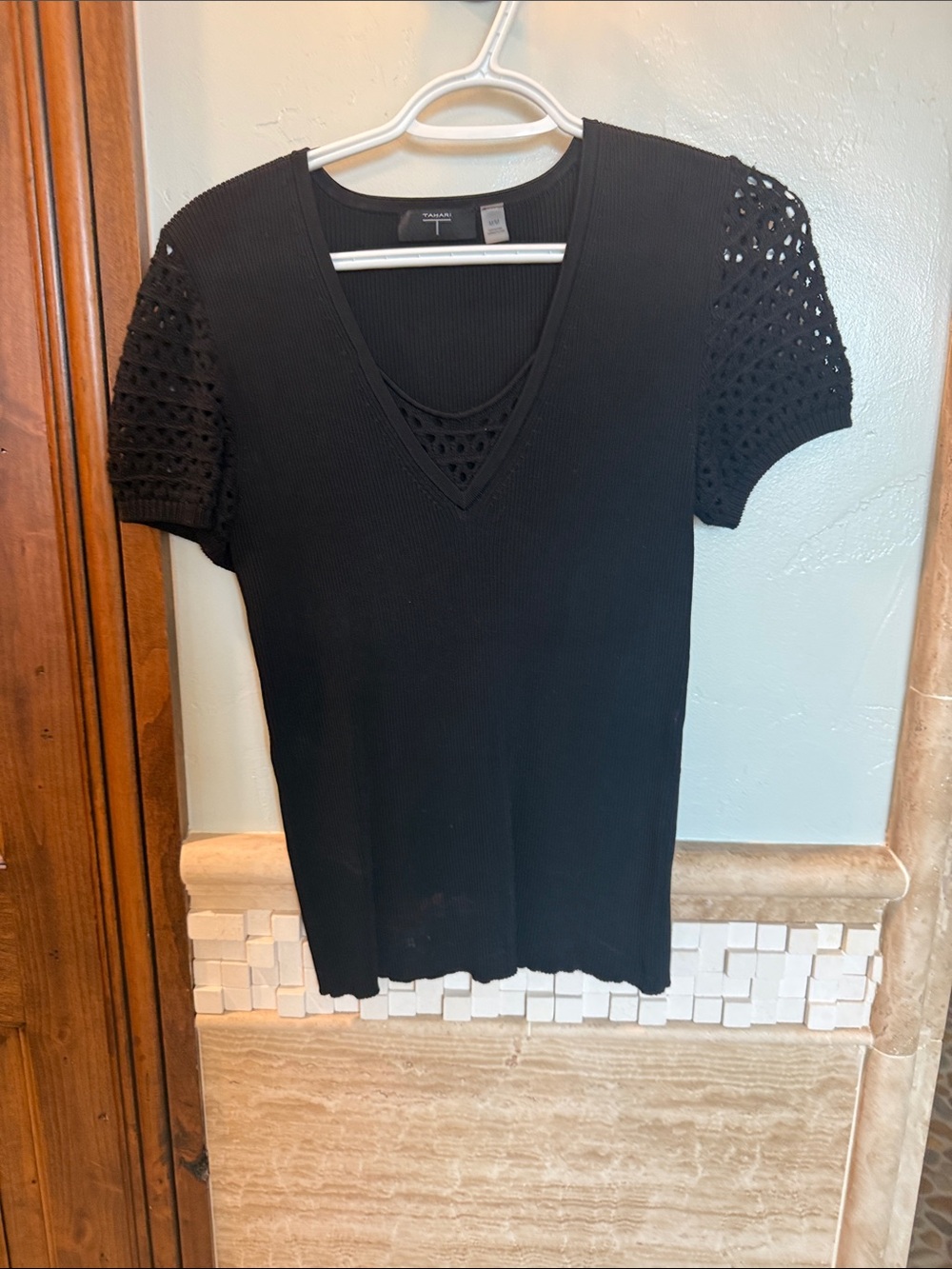 Tahari Black V-Neck Knit Top with Crochet Short Sleeves
